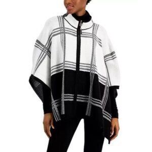 ANNE KLEIN PLAID Paned Cape Black White Camellia PONCHO